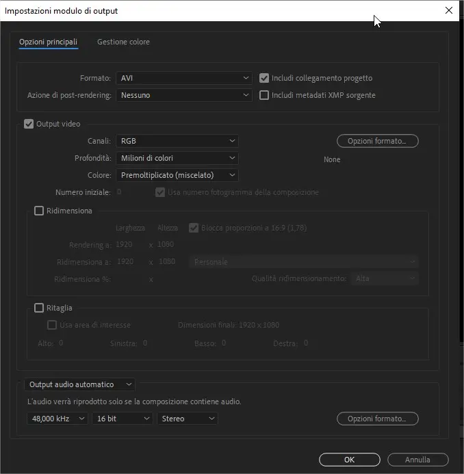 Modulo di output di Adobe After Effects