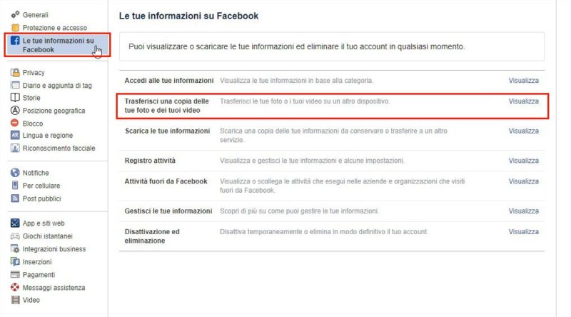 Trasferire Foto e Video da Facebook a Google Foto - Step 2 Trasferire Foto e Video da Facebook a Google Foto