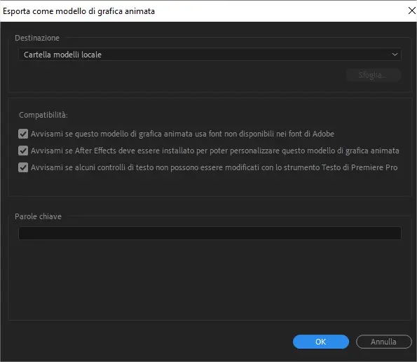 Finestra esporta come modello di grafica animata in Adobe After Effects