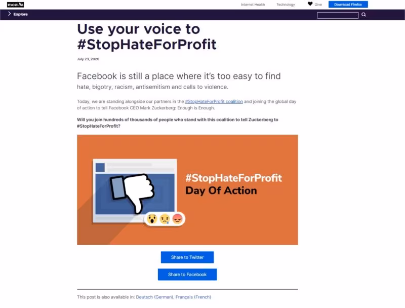 Mozilla invia una notifica agli utenti Firefox per boicottare Facebook