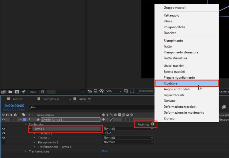 Operazioni sui tracciati delle forme geometriche in Adobe After Effects: il Ripetitore