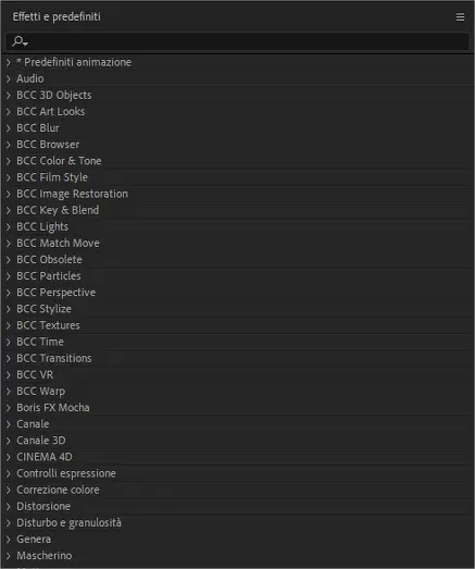 Pannello effetti e predefiniti in Adobe After Effects