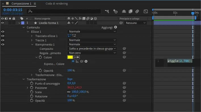Espressioni in After Effects: funzione wiggle applicata al Riempimento