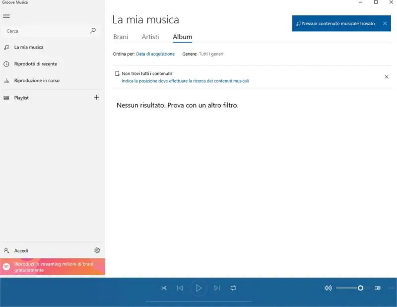 Applicazioni già installate in Windows 10: groove musica
