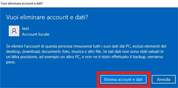Come eliminare un account utente in Windows 10