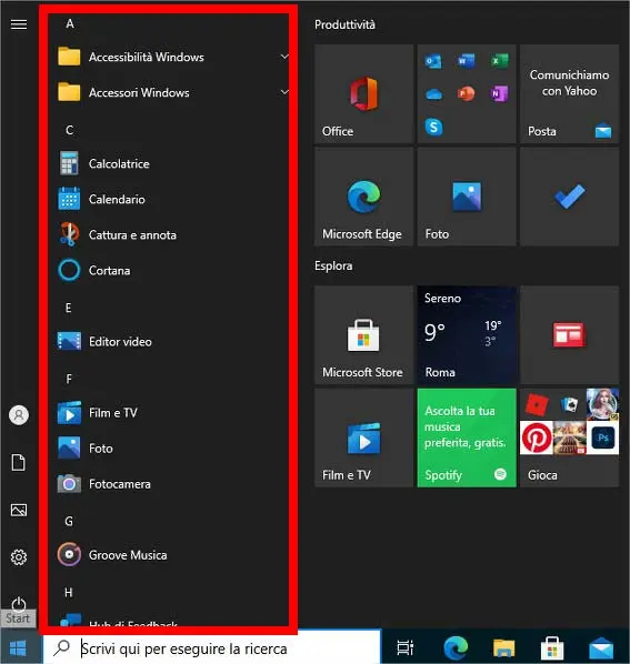 Applicazioni installate in Windows 10