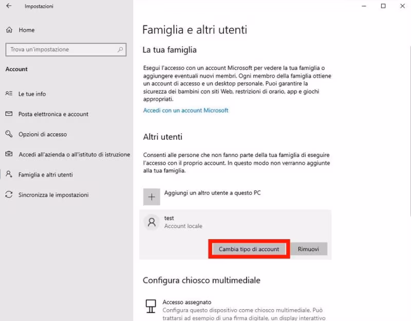 Come modificare tipo di account in Windows 10