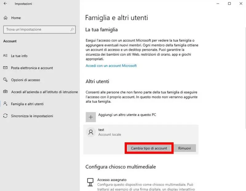 Come modificare tipo di account in Windows 10