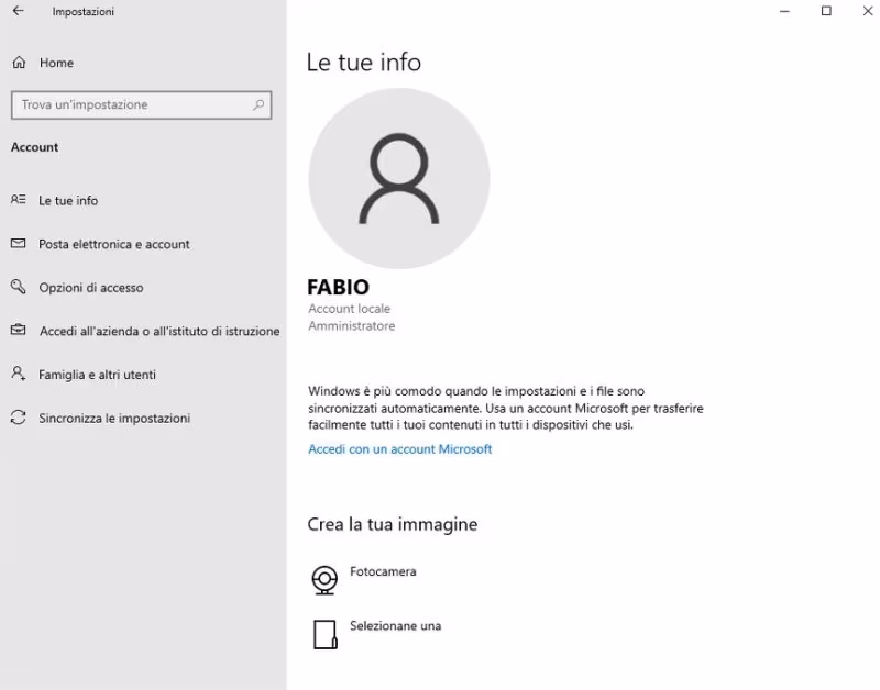 Pannello delle impostazioni: account utente windows 10