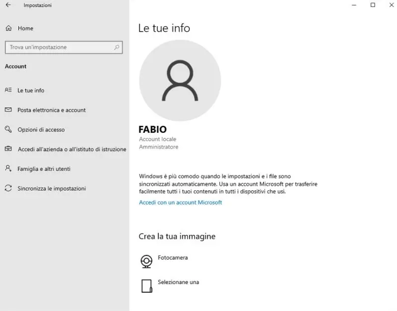 Pannello delle impostazioni: account utente windows 10