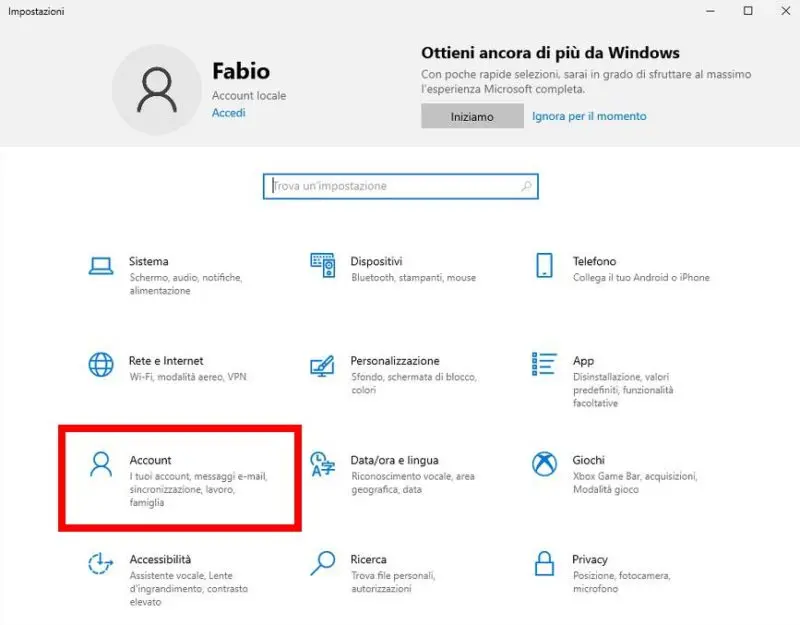 Pannello delle impostazioni Windows 10: account utente