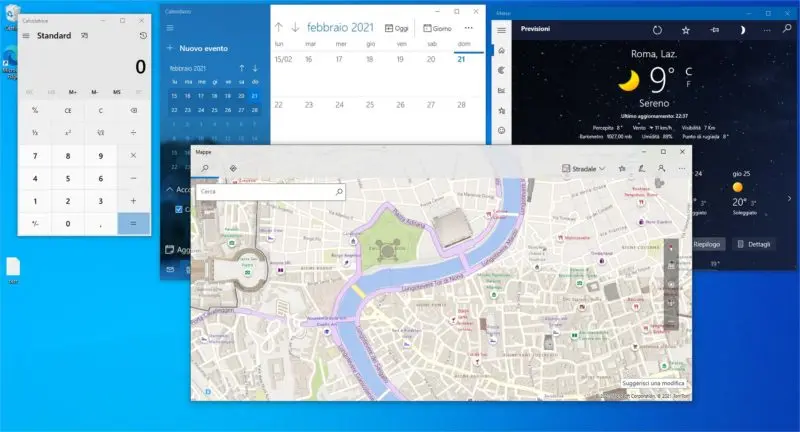 Programmi installati in Windows 10: calcolatricie, Calendario, Mappe e Meteo