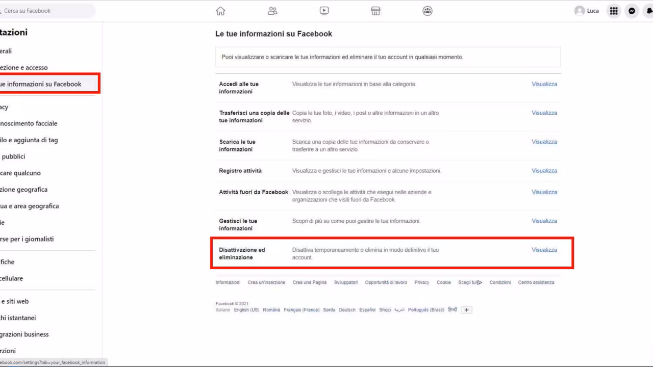 Come cancellarsi definitivamente da Facebook - STEP 3 - Disattivazione ed eliminazione