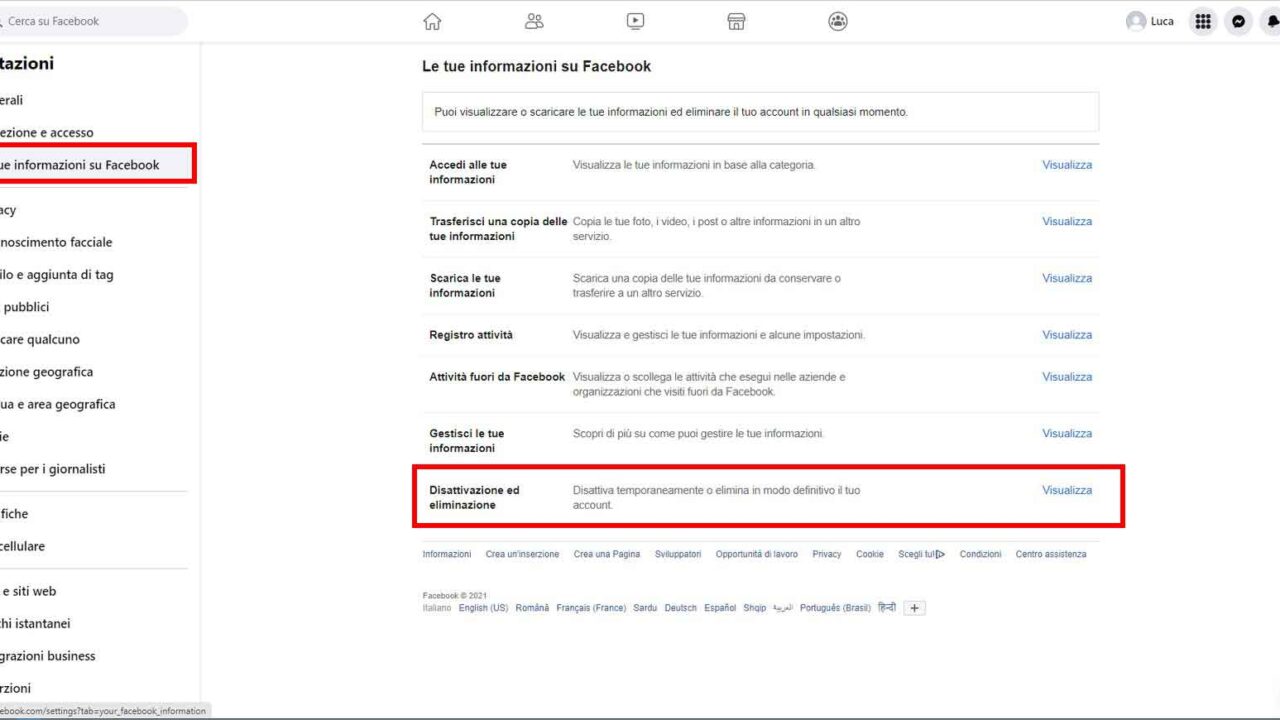 Come cancellarsi definitivamente da Facebook - STEP 3 - Disattivazione ed eliminazione