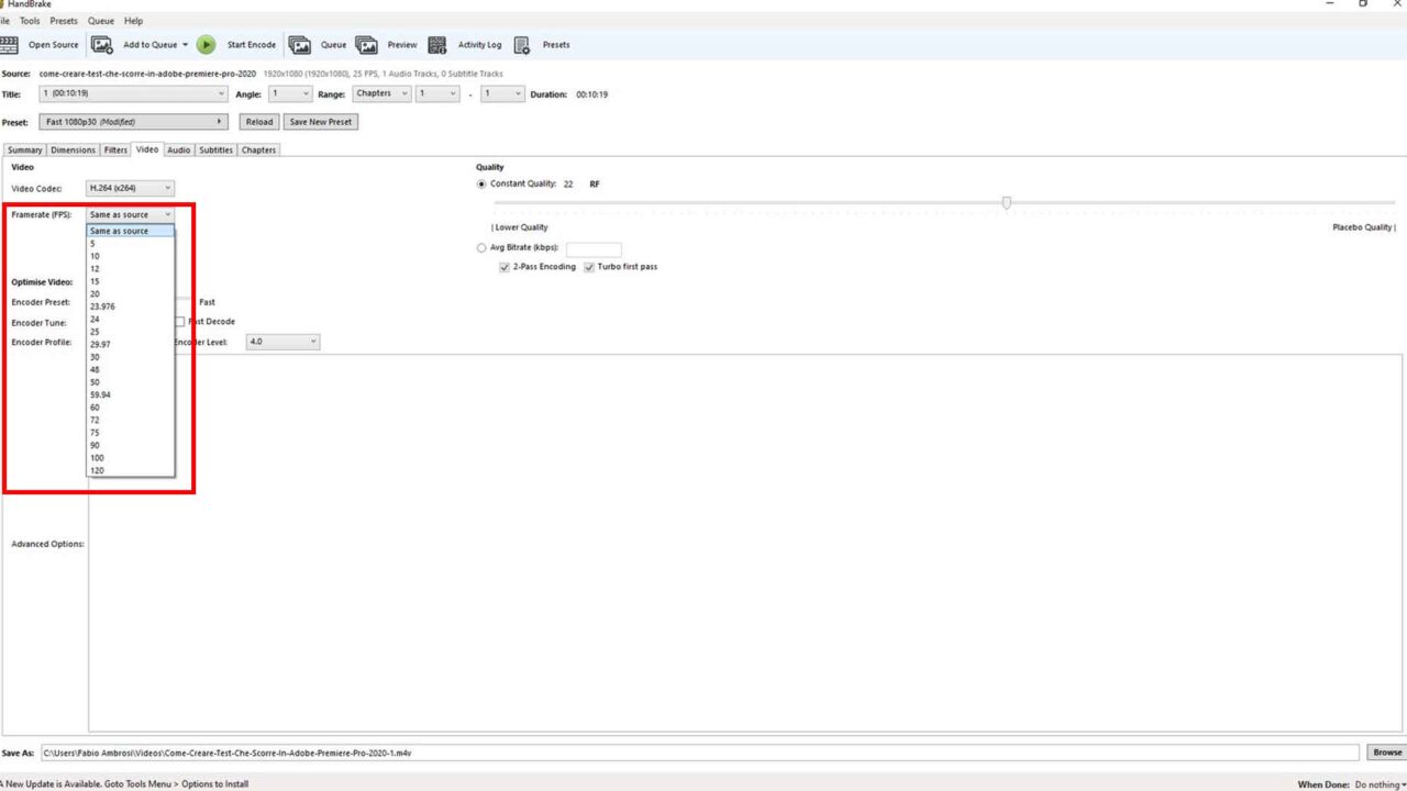 Come convertire un file video / audio gratuitamente usando HandBrake - STEP 3 - Verificare impostazioni e framerate