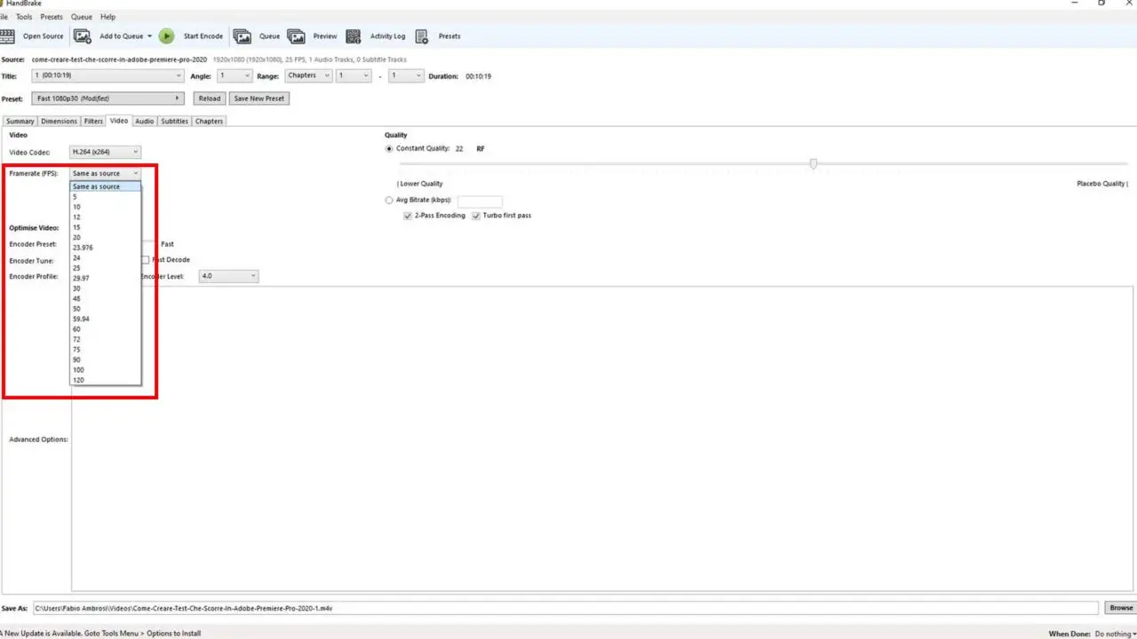 Come convertire un file video / audio gratuitamente usando HandBrake - STEP 3 - Verificare impostazioni e framerate