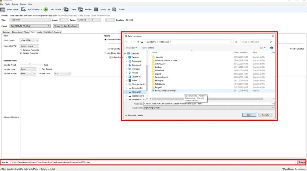 Come convertire un file video / audio gratuitamente usando HandBrake - STEP 4 - Scegli nome file e destinazione di output Come convertire un file video / audio gratuitamente usando HandBrake - STEP 4 - Scegli nome file e destinazione di output