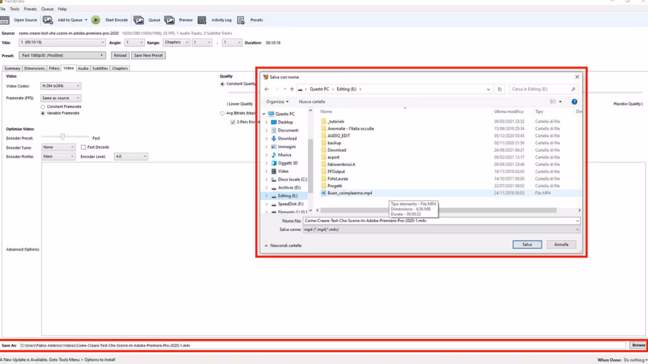 Come convertire un file video / audio gratuitamente usando HandBrake - STEP 4 - Scegli nome file e destinazione di output
