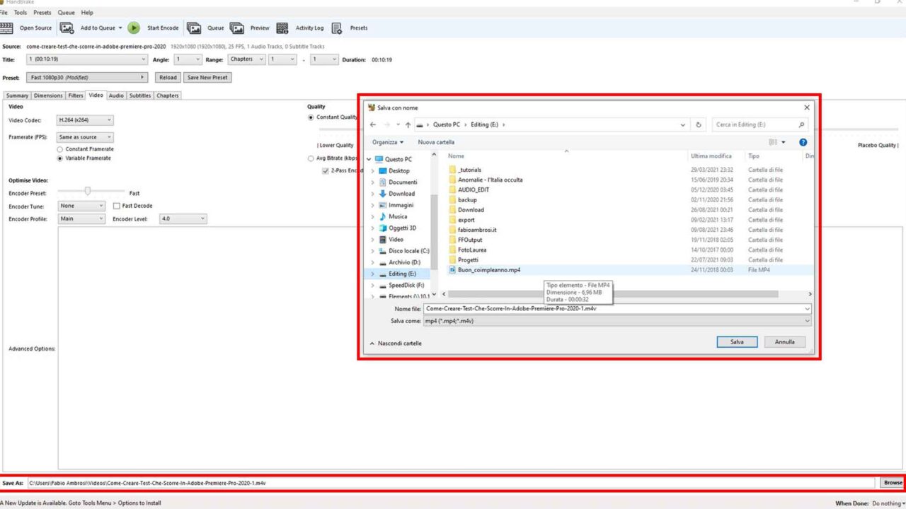 Come convertire un file video / audio gratuitamente usando HandBrake - STEP 4 - Scegli nome file e destinazione di output