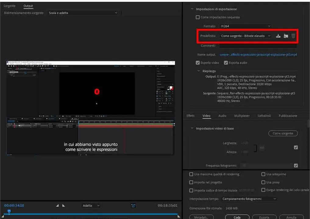 Come esportare una clip video con Adobe Premiere Pro - STEP 4 - Scegliere il predefinito