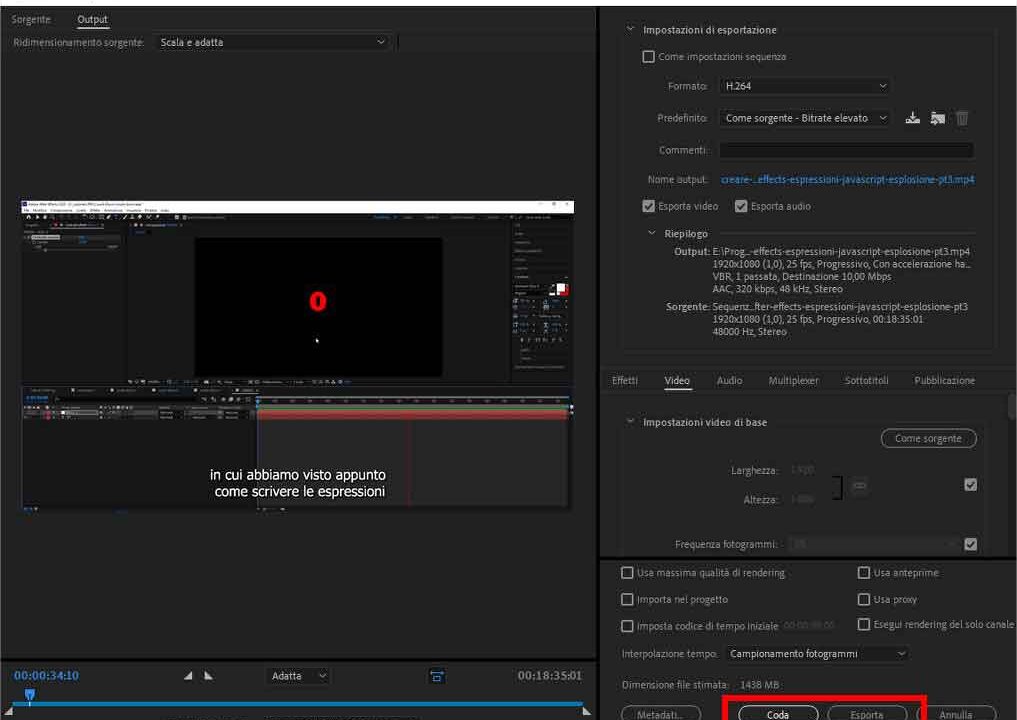 Come esportare una clip video con Adobe Premiere Pro - STEP 7 - Cliccare su "Esporta" o su "Coda"