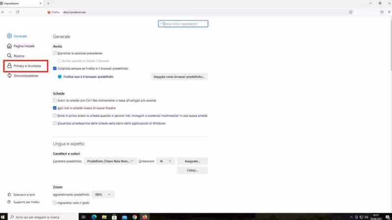 Come pulire la cache di Firefox (Desktop) - Step 4 - Clicca su "Privacy e sicurezza"