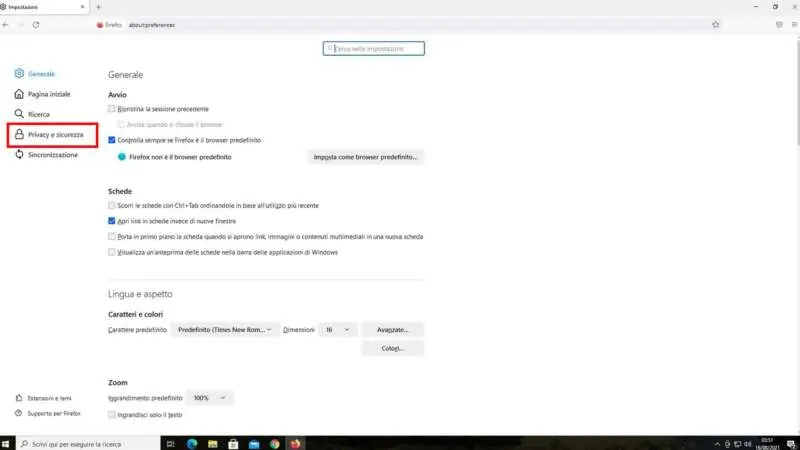 Come pulire la cache di Firefox (Desktop) - Step 4 - Clicca su "Privacy e sicurezza"