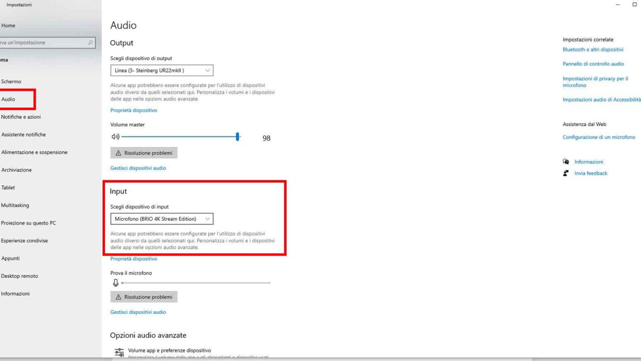 Come registrare audio da Windows 10 - STEP 3 - Scegliere dispositivo di input