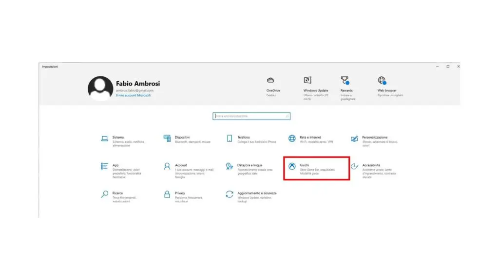 Come registrare lo schermo in Windows 10 mentre si gioca - STEP 2 - Cliccare su "Giochi"