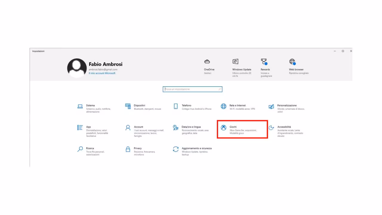 Come registrare lo schermo in Windows 10 mentre si gioca - STEP 2 - Cliccare su "Giochi"