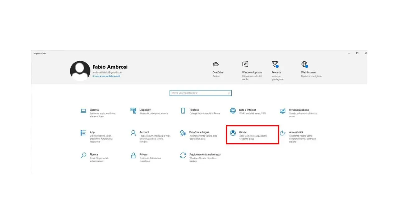 Come registrare lo schermo in Windows 10 mentre si gioca - STEP 2 - Cliccare su "Giochi"