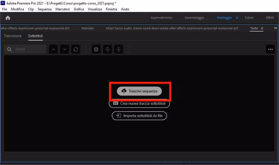 Come sottotitolare automaticamente un video usando Adobe Premiere Pro: STEP 3 - Cliccare su "Trascrivi Sequenza"