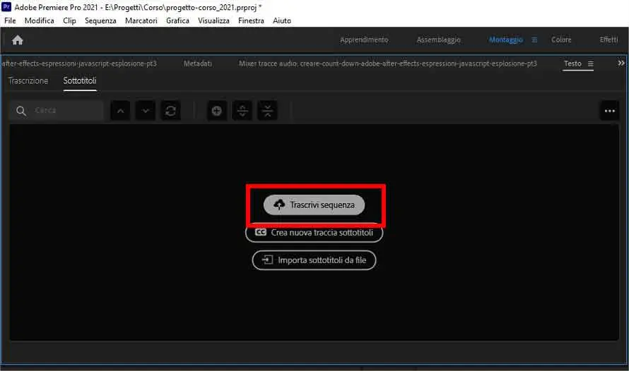 Come sottotitolare automaticamente un video usando Adobe Premiere Pro: STEP 3 - Cliccare su "Trascrivi Sequenza"
