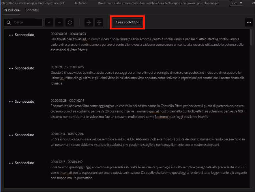 Come sottotitolare automaticamente un video usando Adobe Premiere Pro: STEP 6 - Cliccare su "Crea Sottotitoli"
