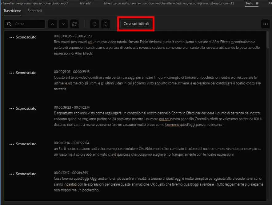 Come sottotitolare automaticamente un video usando Adobe Premiere Pro: STEP 6 - Cliccare su "Crea Sottotitoli"
