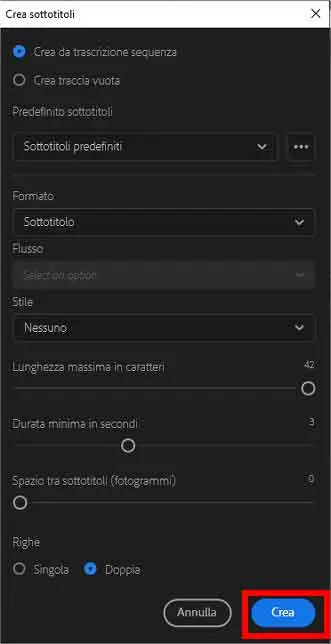 Come sottotitolare automaticamente un video usando Adobe Premiere Pro: STEP 7 - Impostazioni sottotitoli