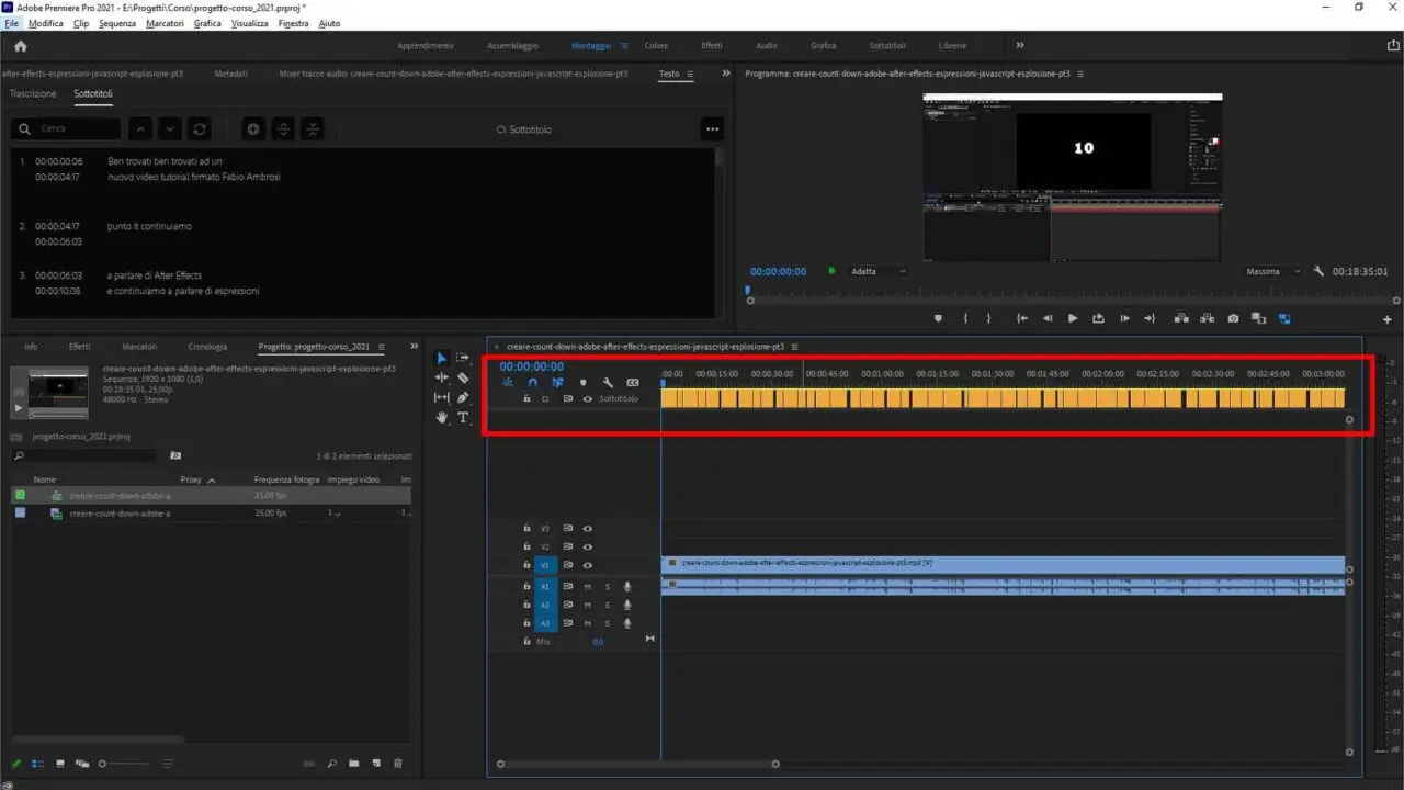 Come sottotitolare automaticamente un video usando Adobe Premiere Pro: STEP 8 - Premiere aggiunge la traccia sottotitoli alla sequenza