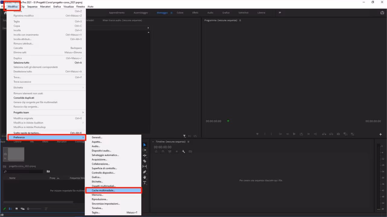Come svuotare la cache dei file multimediali in Premiere Pro - STEP 1