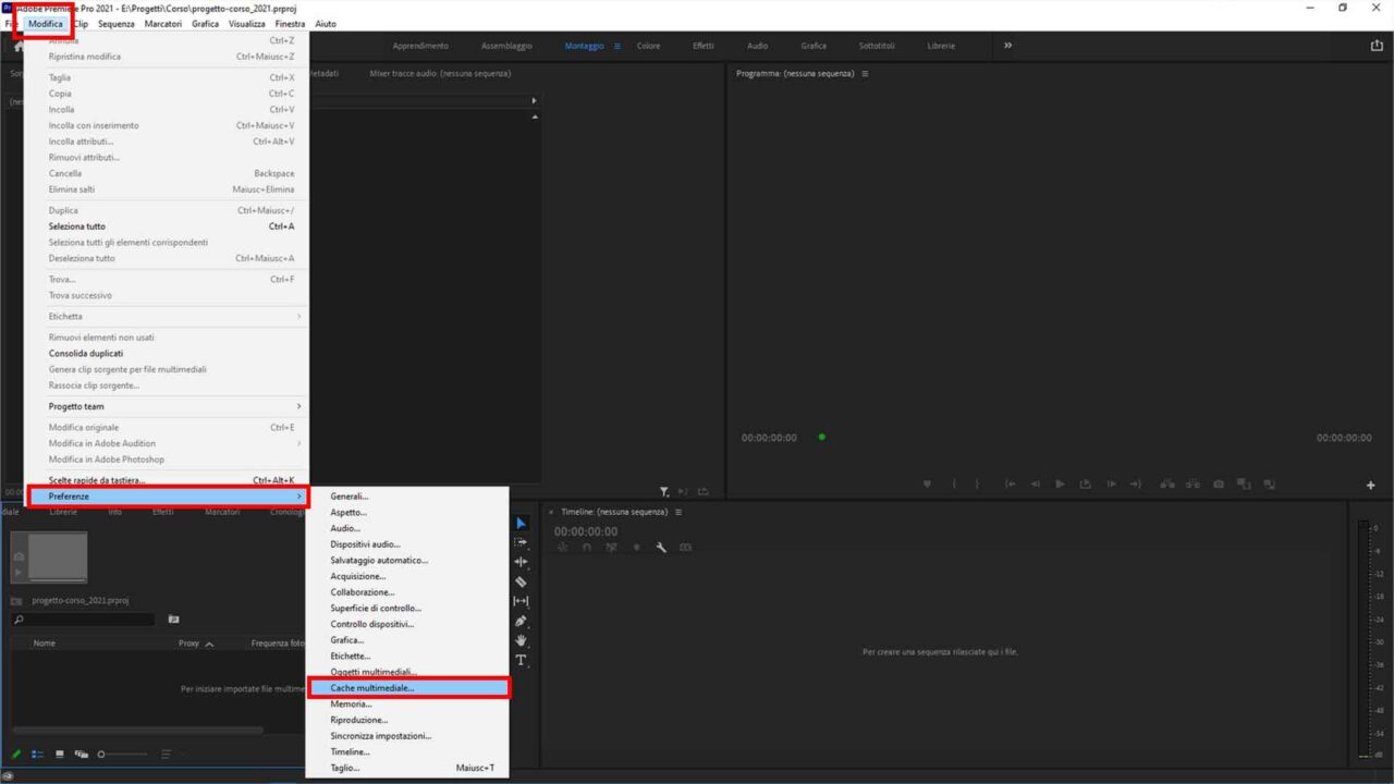 Come svuotare la cache dei file multimediali in Premiere Pro - STEP 1