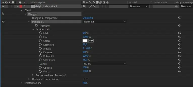 Opzioni tratto dello strumento pennello di Adobe After Effects