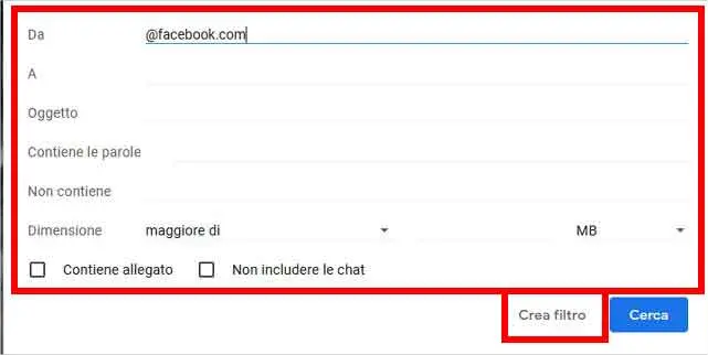 Filtare la posta in Gmail: STEP 4 - Decidere i parametri del filtro