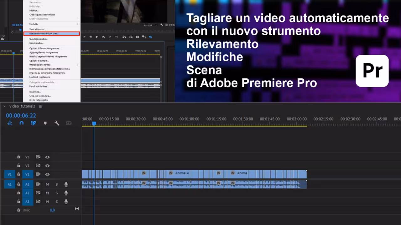Tagliare automaticamente un video in Premiere Pro con lo strumento “Rilevamento Modifiche Scena”