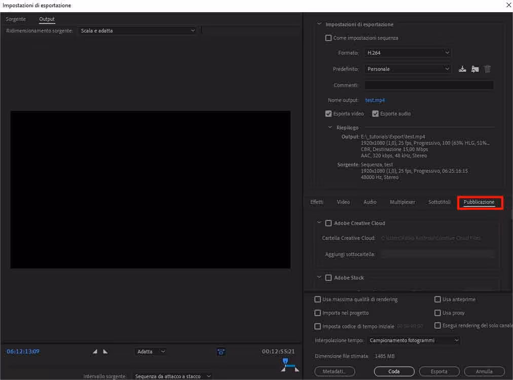 Esportare video con Adobe Premiere Pro e pubblicare sui social o su server ftp