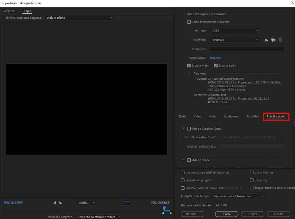 Esportare video con Adobe Premiere Pro e pubblicare sui social o su server ftp - Tab Pubblicazione Esportare video con Adobe Premiere Pro e pubblicare sui social o su server ftp