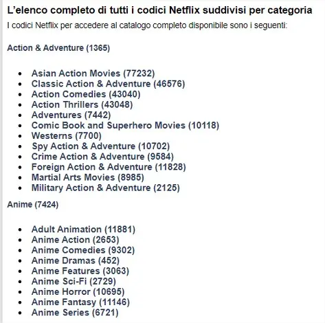 Elenco completo codici segreti categorie Netflix Elenco completo codici segreti categorie Netflix