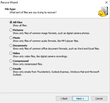 Recurva: scegliere tipo di file eliminato che si vuole recuperare dall'hard disk Recurva: scegliere tipo di file eliminato che si vuole recuperare dall'hard disk