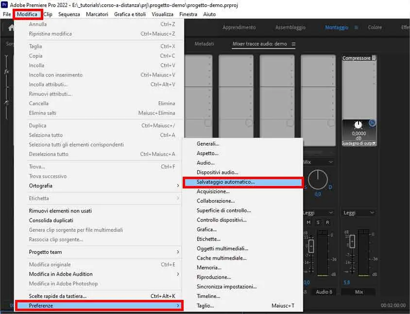 Come impostare salvataggi automatici Premiere Pro - STEP 1 - Apri preferenze Premiere Come impostare salvataggi automatici Premiere Pro - STEP 1 - Apri preferenze Premiere
