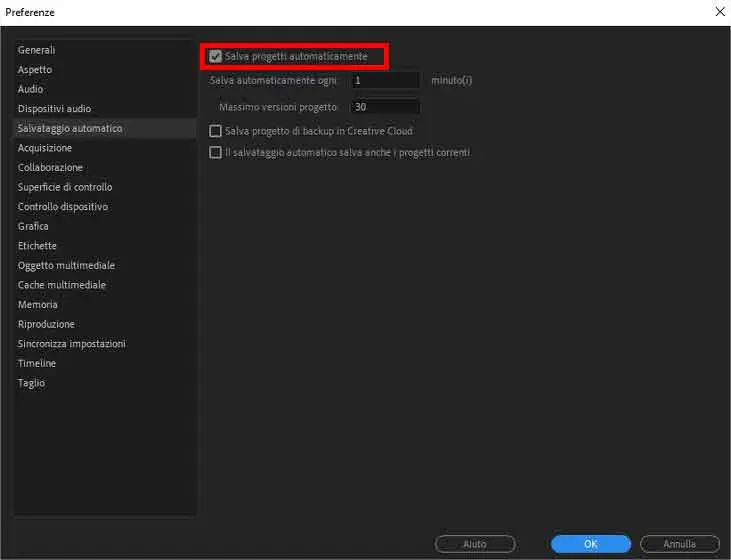 Come impostare salvataggi automatici Premiere Pro - STEP 2 - Spunta la voce "Salva progetti automaticamente" Come impostare salvataggi automatici Premiere Pro - STEP 2 - Spunta la voce "Salva progetti automaticamente"