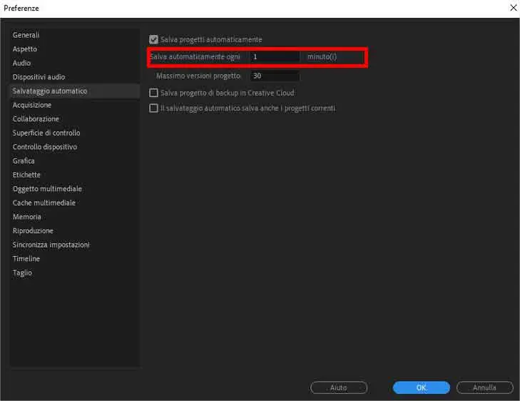 Come impostare salvataggi automatici Premiere Pro - STEP 3 - Salva automaticamente ogni Come impostare salvataggi automatici Premiere Pro - STEP 3 - Salva automaticamente ogni