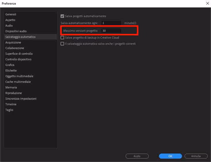 Come impostare salvataggi automatici Premiere Pro - STEP 4 - Massimo versioni proeggetto